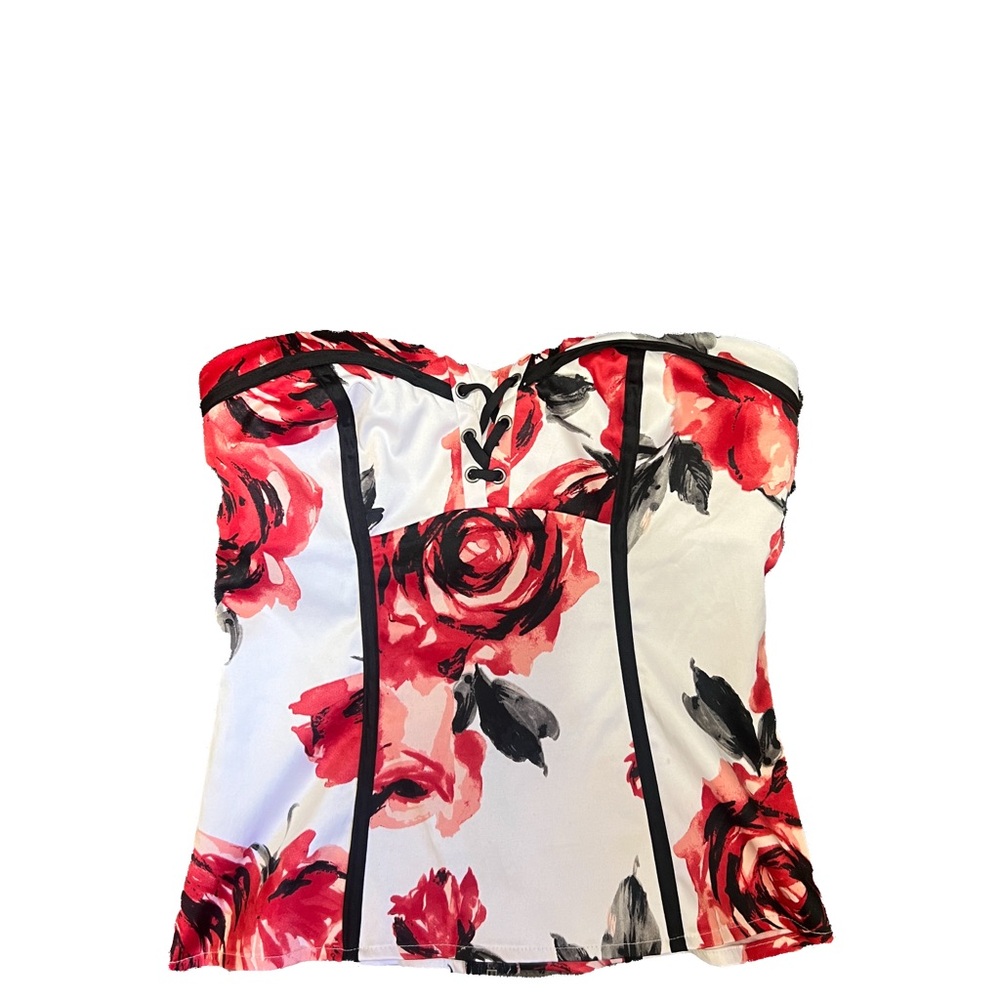 bebe Red and Black Floral Strapless Blouse